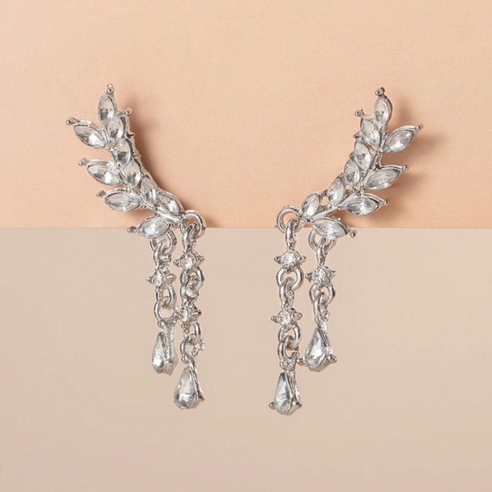 Silvery and Rhinestone Leafy Earrings